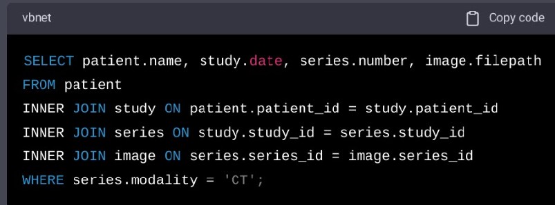3. SQL query to retrieve medical image data for CT scans from a MySQL